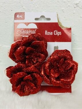 Seasonal Collection Red Glitter Rose hair Clips - Set of 3